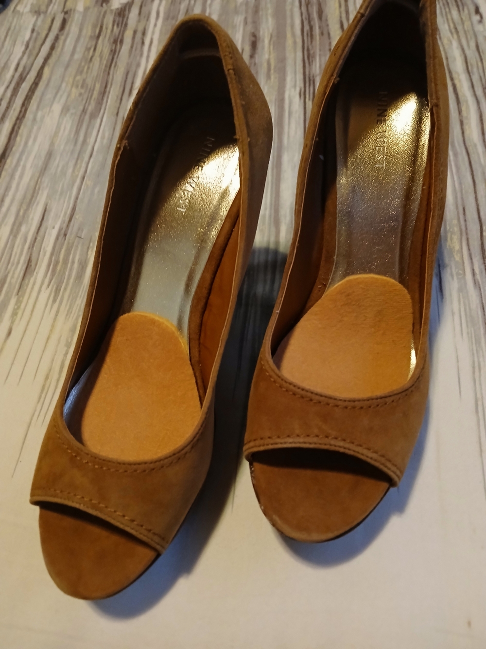 Nine West Tan Suede Peep-Toe Wood-Platform Wedges - Picture 2 of 8